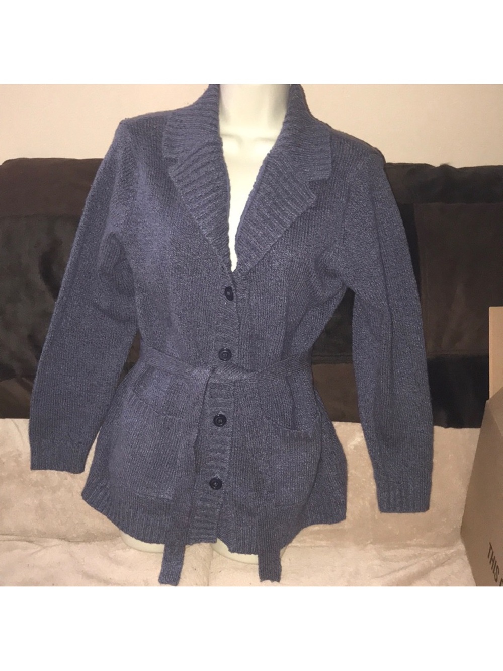 By Design medium Cozy Blue Knit Belted button down Cardigan Sweater with pockets
